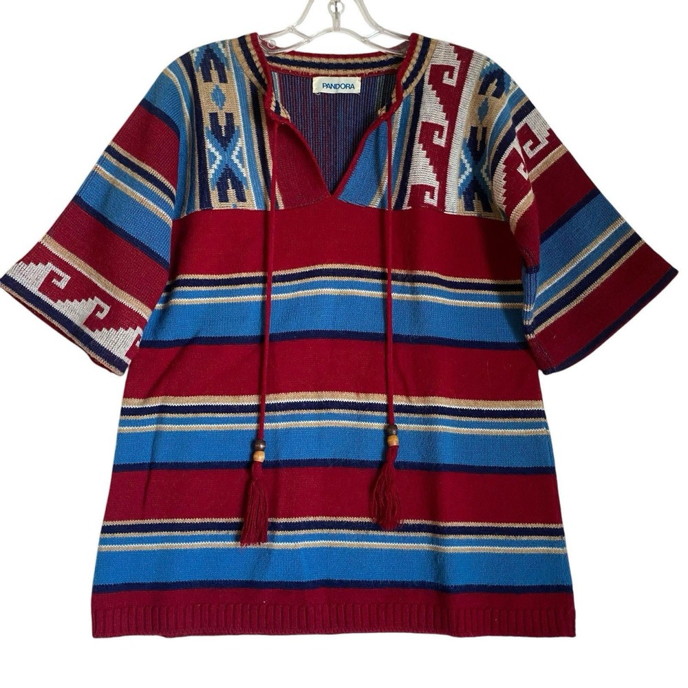 Vintage Pandora Knit Sweater M Aztec Tribal Short Sleeve Native American Navajo